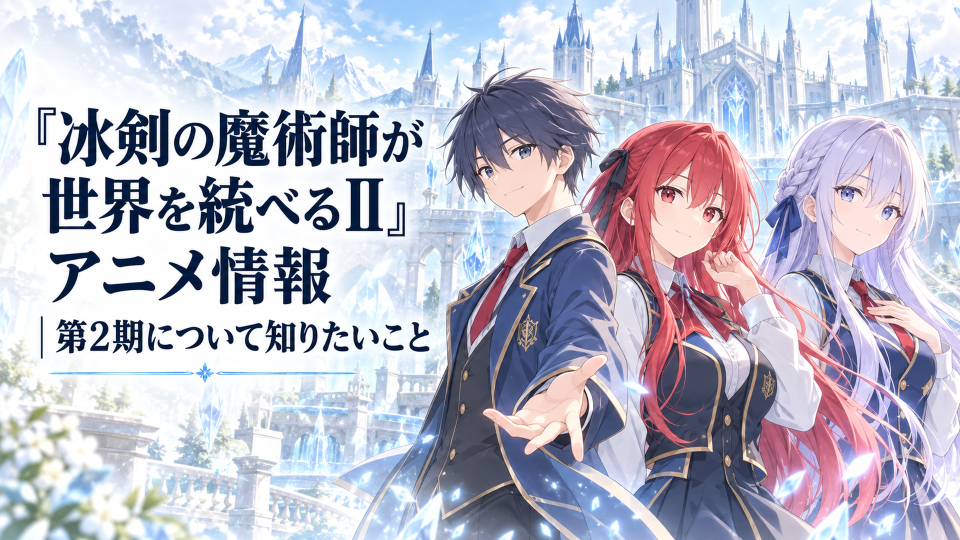 魔術学院を背景にレイとアメリアとアリアーヌが肩を並べ、淡い氷の光が三人を包む明るく透明感のあるファンタジーイラスト