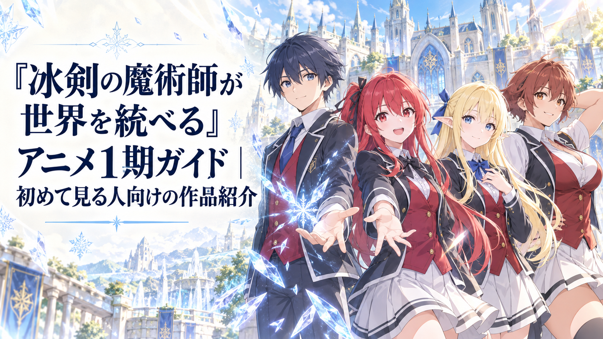 アーノルド魔術学院を背景にレイとアメリアとエリサとエヴィが並び、氷の輝きと温かな日差しが交差する透明感のある学園ファンタジーイラスト