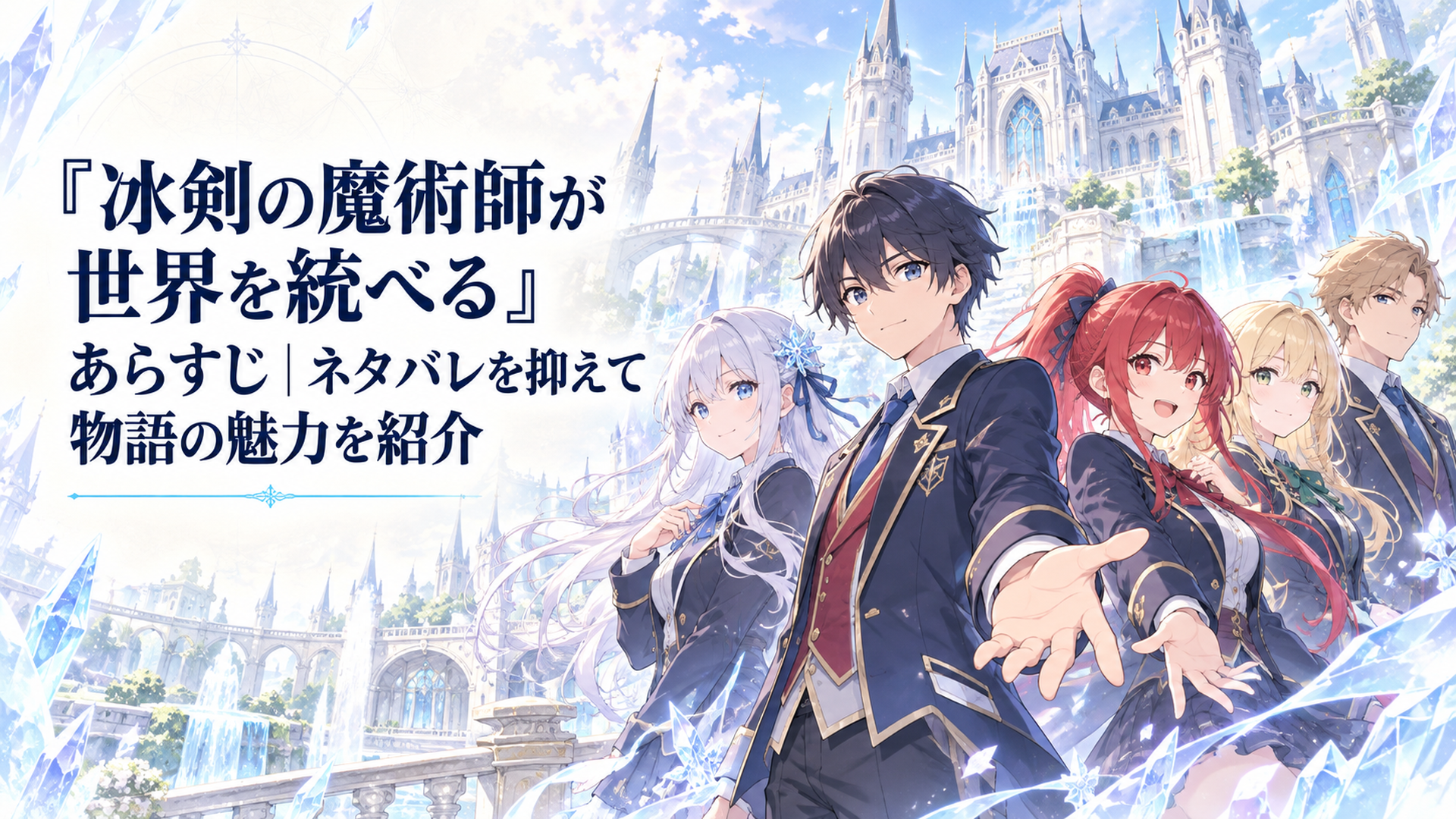 アーノルド魔術学院を背景にレイと仲間たちが並び、淡い氷の光が広がる明るく透明感のあるファンタジーイラスト