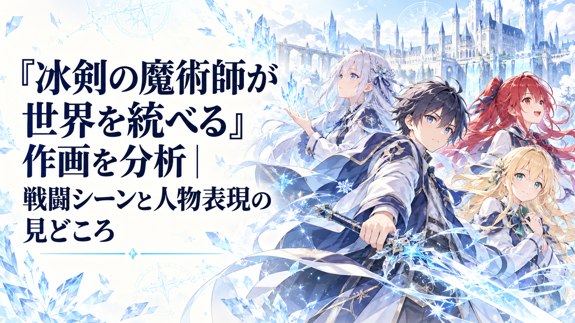 魔術学院を背景に剣を携えた少年と仲間の少女たちを配置し、氷の魔術と人物の表情を対比した透明感のあるファンタジーイラスト