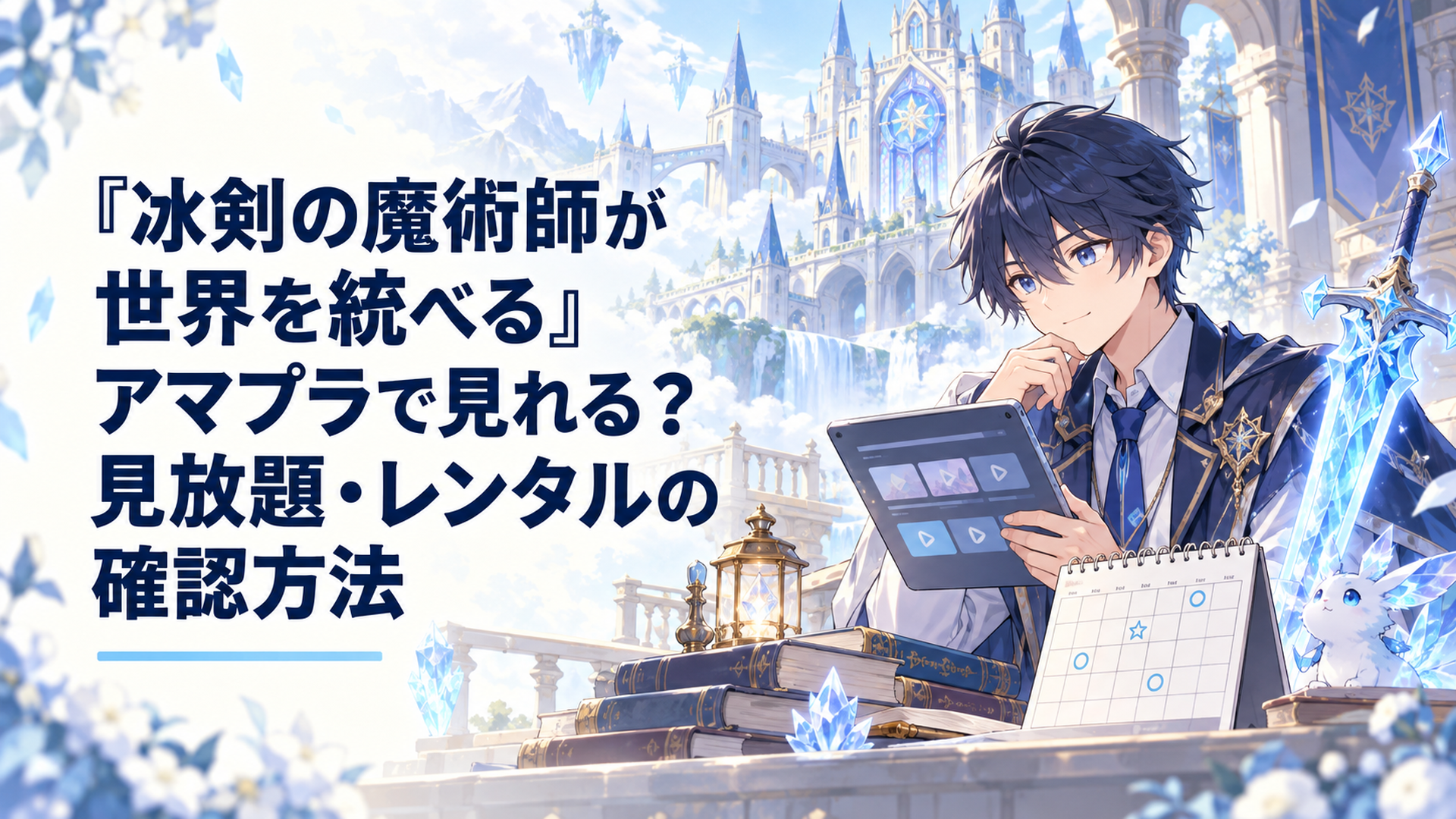 氷の剣を持つ少年と魔術学院を背景に、タブレットとカレンダーでアニメの配信予定を確かめる明るく透明感のあるファンタジーイラスト