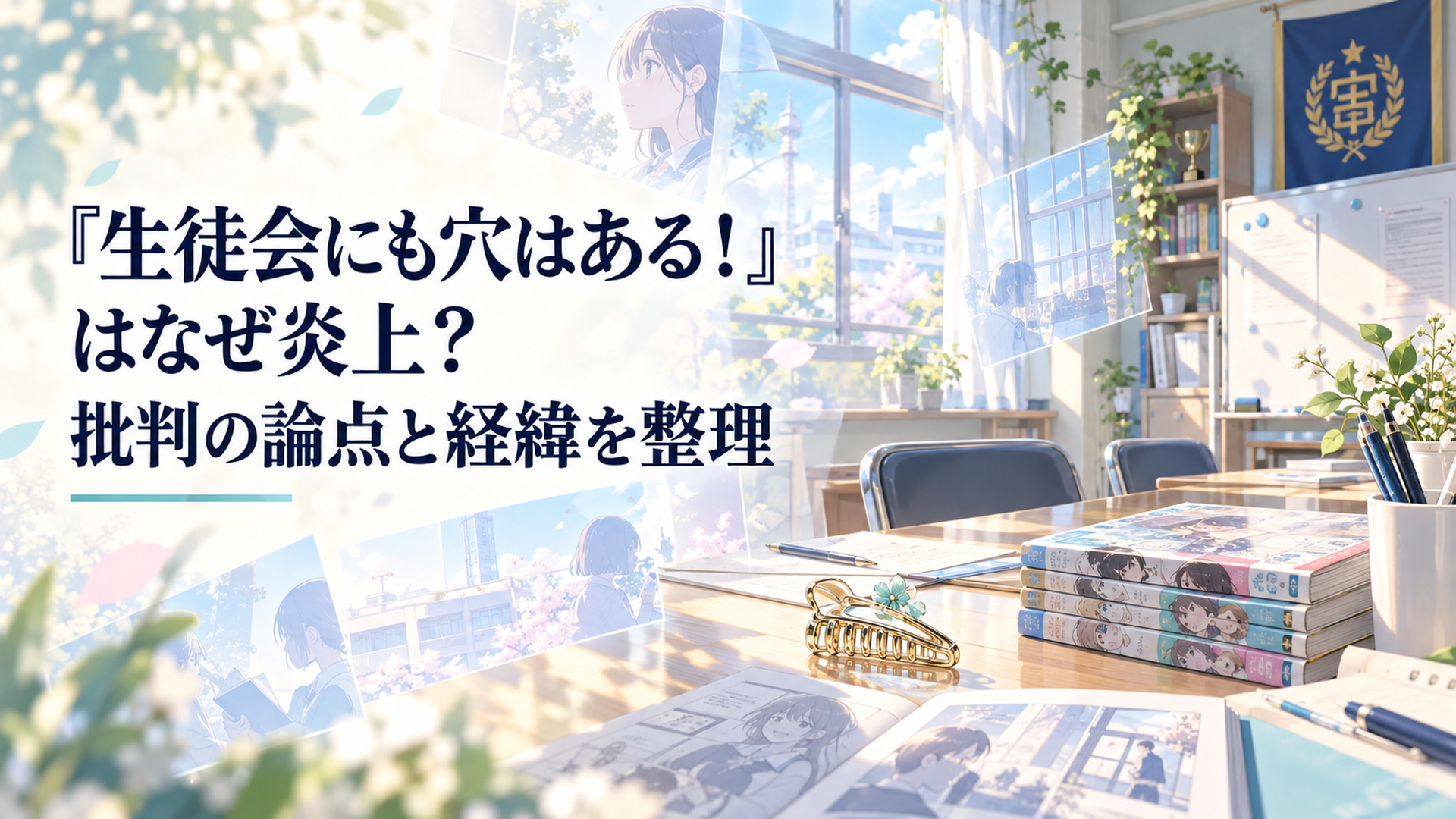 明るい学園の生徒会室で、洗濯バサミに似た髪留めと漫画を机に並べ、一枚絵への異なる受け止め方を表した爽やかなイメージ