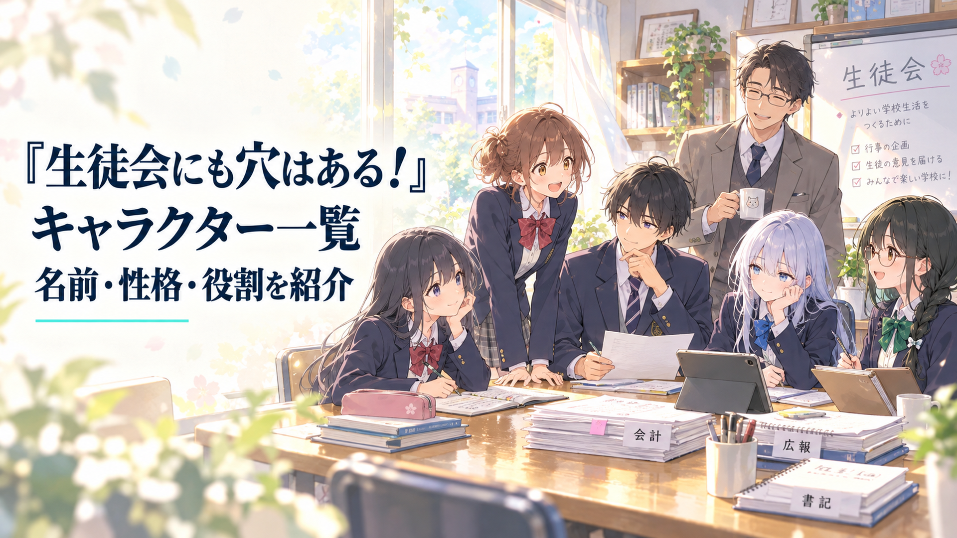明るい生徒会室に書記のノートと会計資料と広報用端末が並び学年の異なる五人の生徒と顧問の先生が柔らかな光の中に集まる学園風景