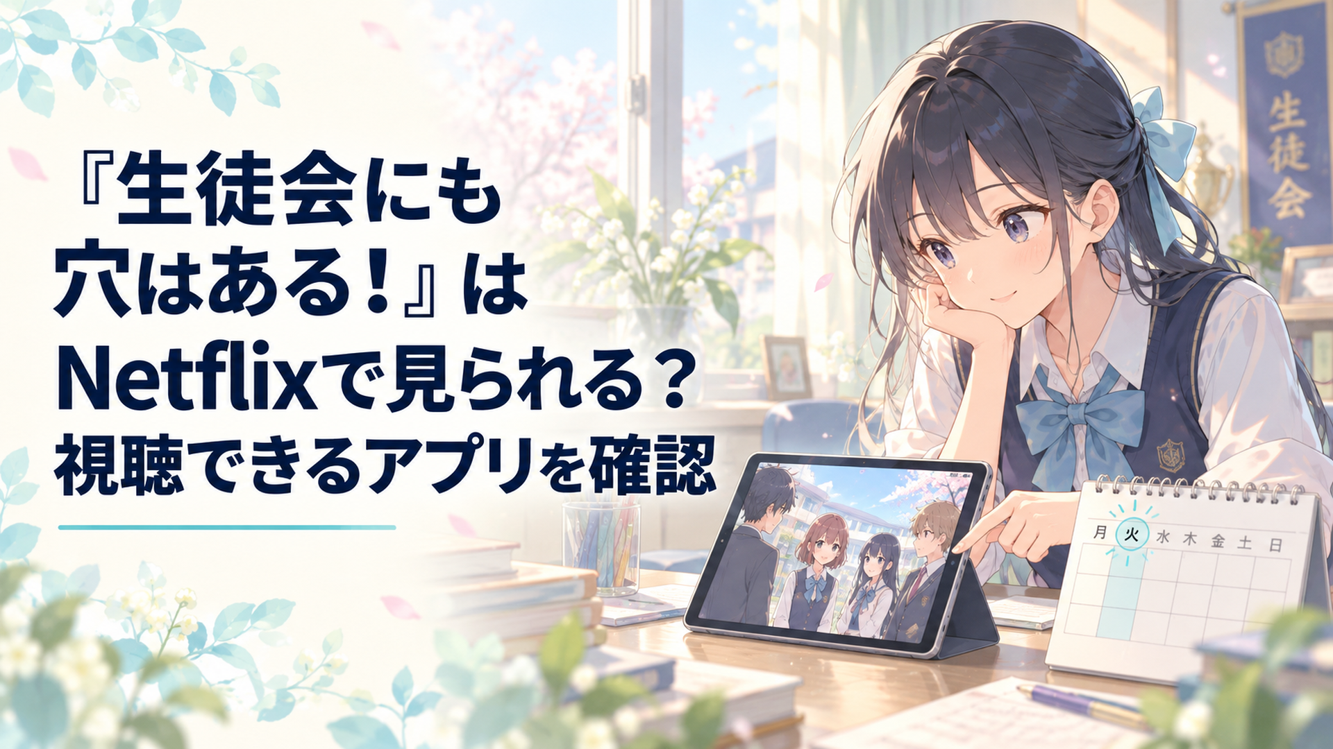 明るい生徒会室の机にタブレットと火曜日の週間カレンダーが並び学園アニメの配信予定を確かめる柔らかな青春イメージ