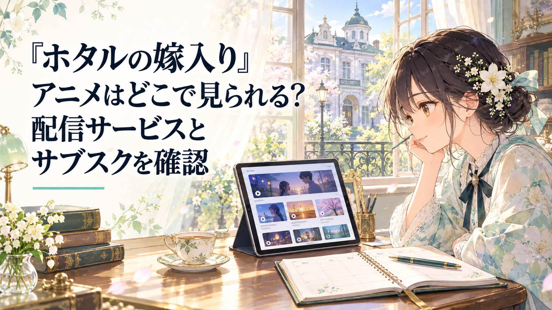 明治風の洋館が見える明るい部屋でタブレットの配信一覧と週間手帳を並べ視聴予定を考える机