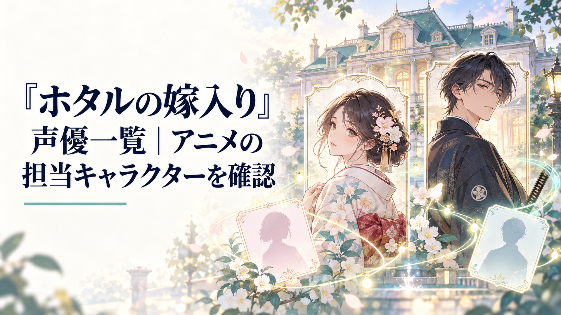 明治風の洋館を背景に令嬢と和装の青年の人物カードが並び声優との対応を淡い光で表した上品なイメージ