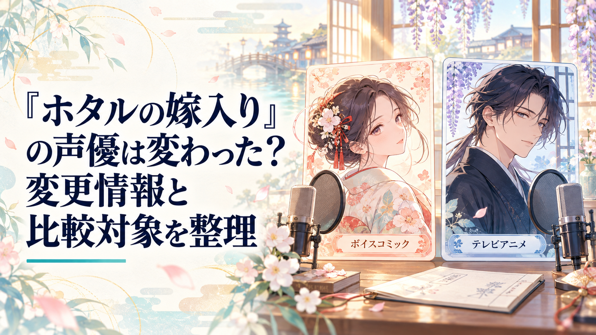明るい机にボイスコミックとテレビアニメを表す二枚のカードを並べ令嬢と和装の青年の担当声優を比較するイメージ