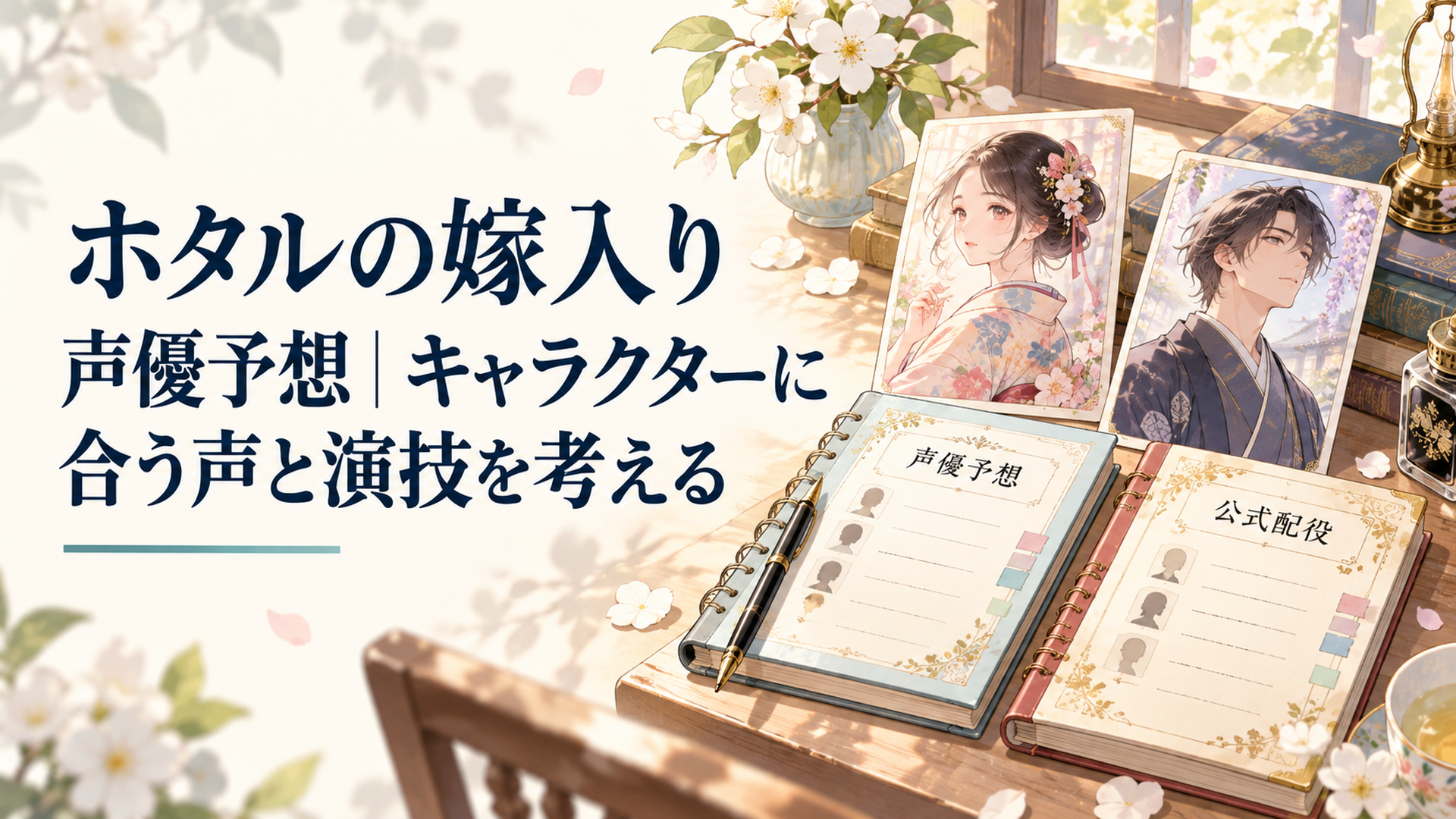 明治風の明るい机に個人の声優予想とアニメ公式配役を表す二冊の手帳を並べ令嬢と和装の青年の人物カードを添えたイメージ