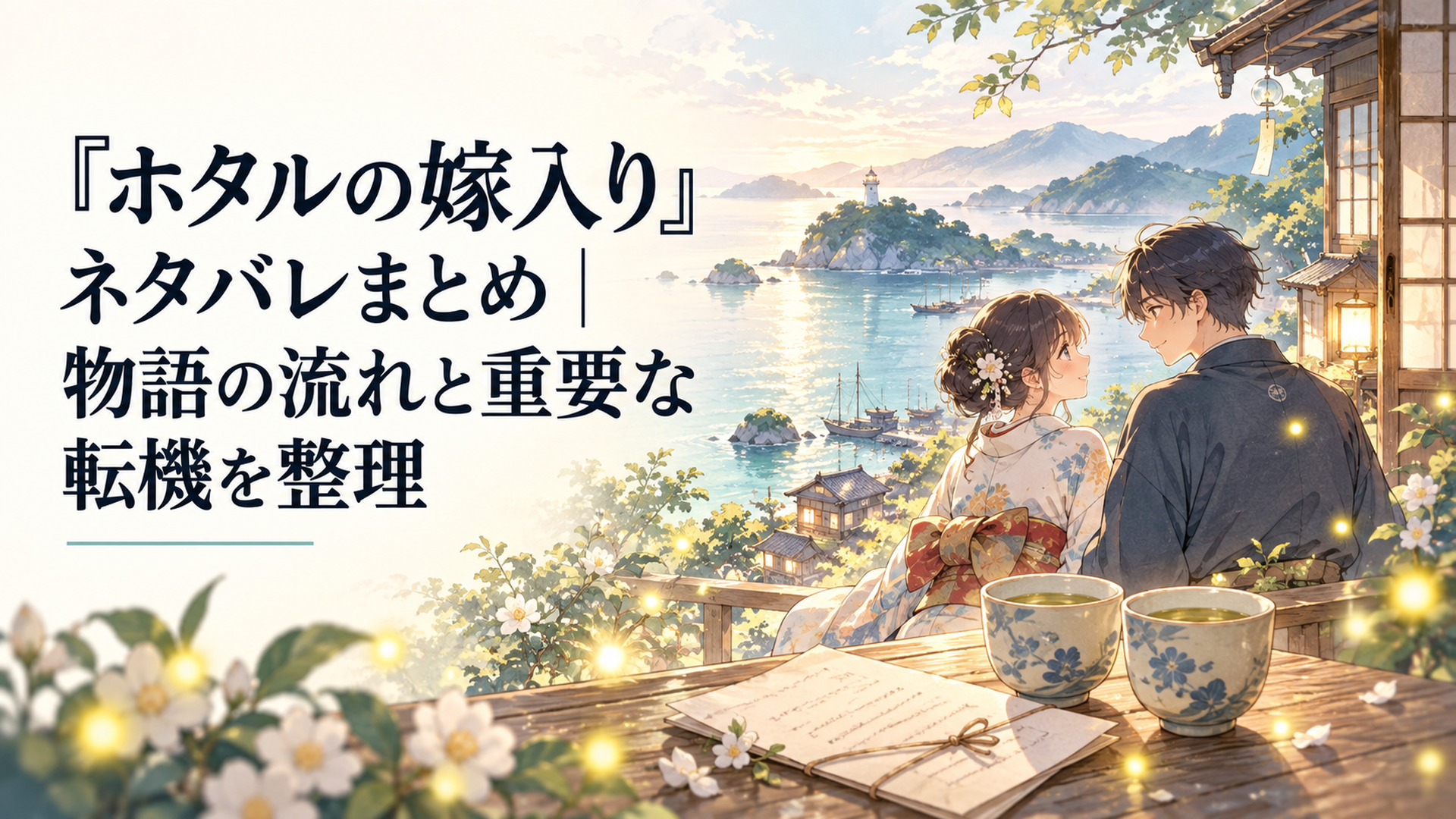 明治風の家と海に囲まれた島を背景に手紙と二人分の湯飲みを配置し淡い蛍の光で長い別離の後の再会を表す明るいイメージ