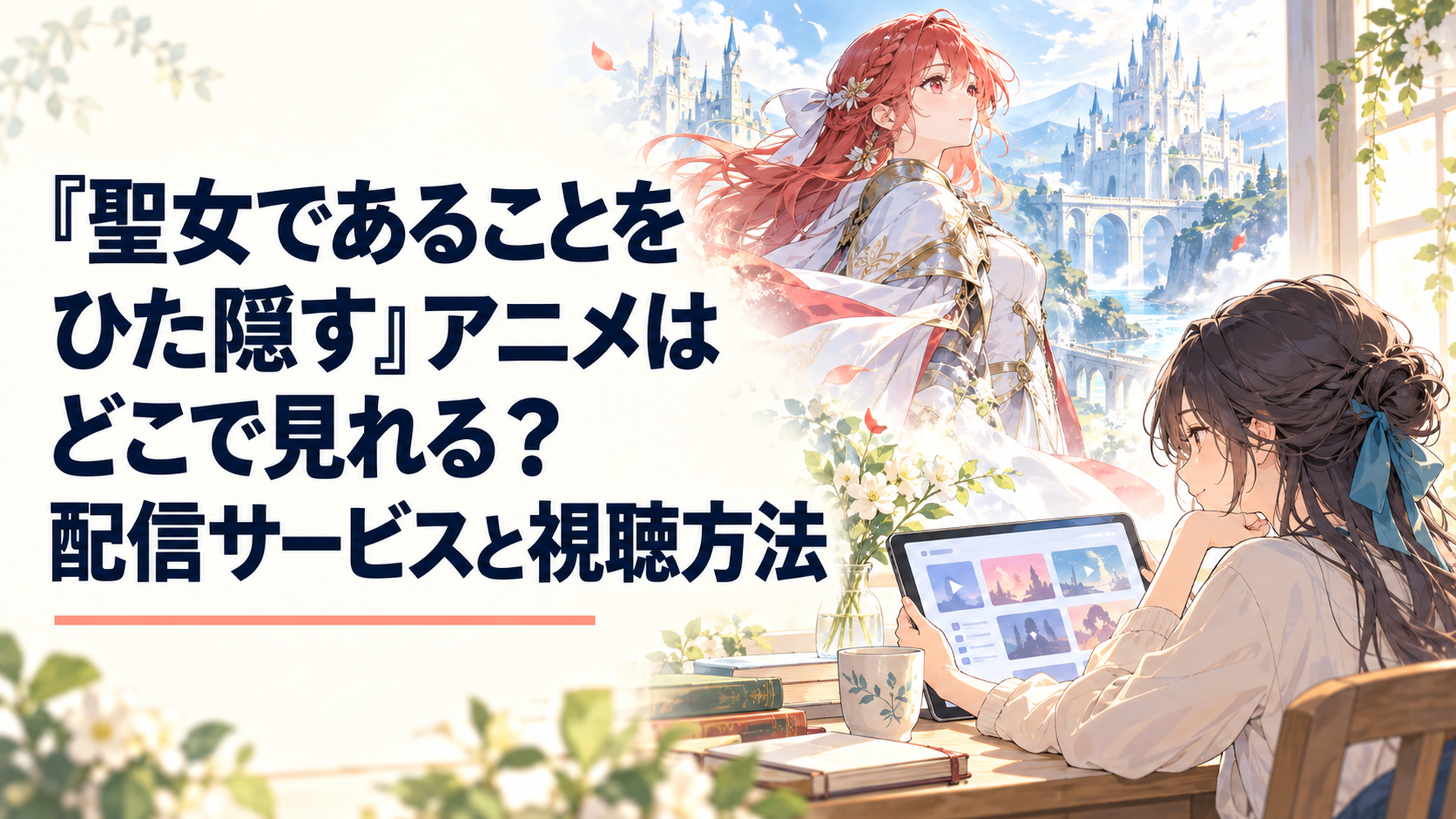 明るい部屋で配信予定を確認する人物と、赤髪の少女騎士をイメージした幻想的な風景