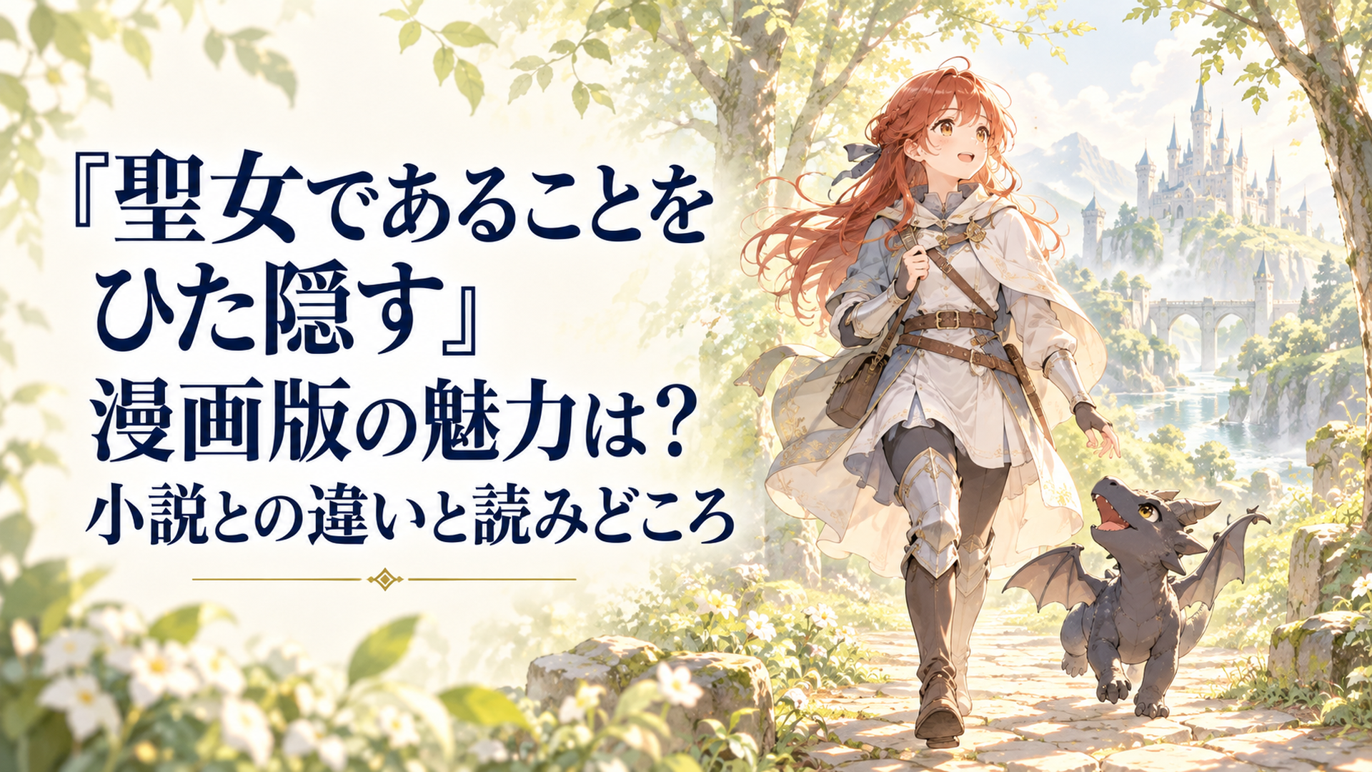 騎士を目指す少女フィーアをイメージした人物と小さな黒竜が、柔らかな日差しの森で冒険への一歩を踏み出す