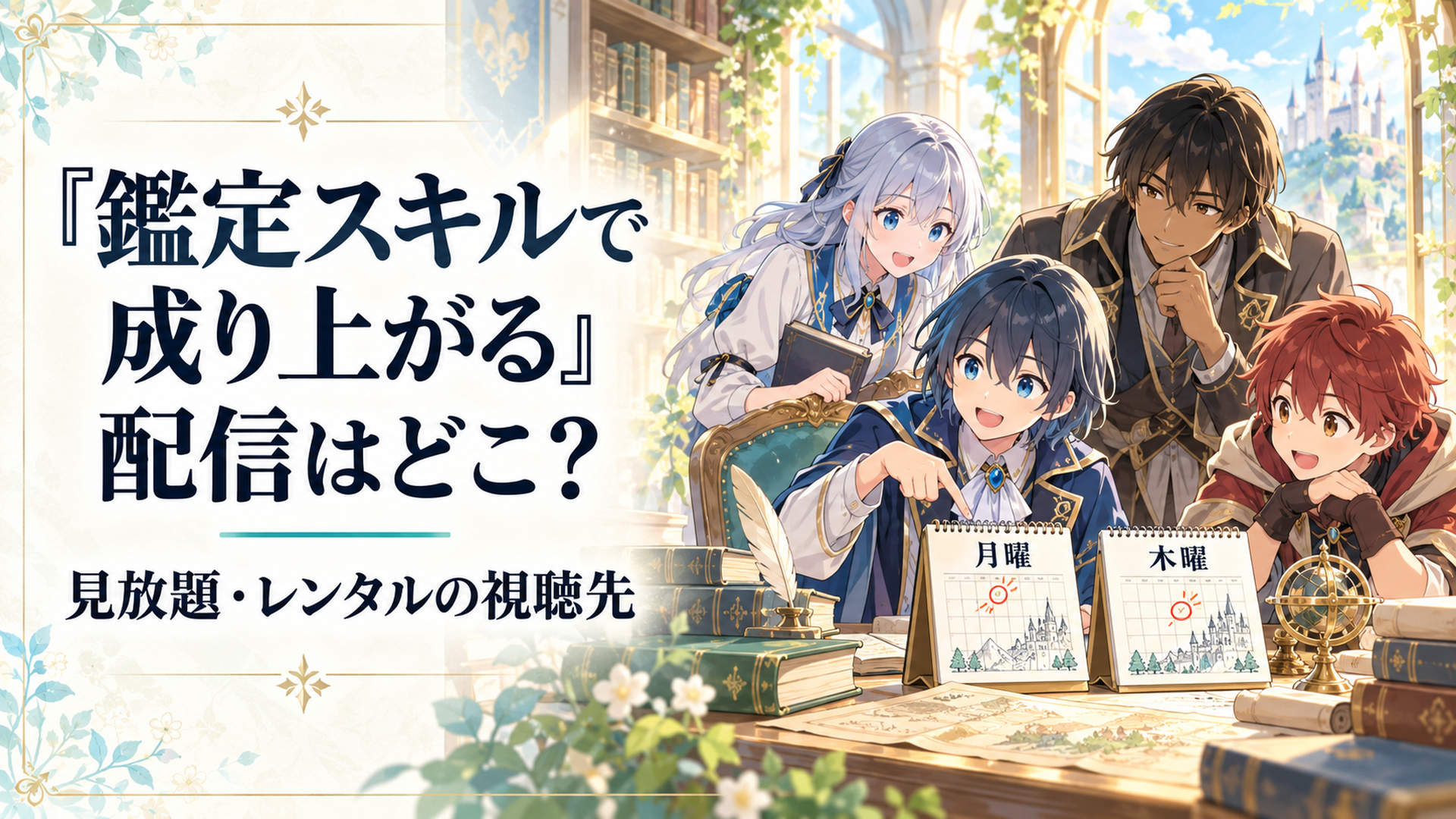 少年領主アルスと仲間たちが明るい書斎で月曜と木曜の暦を並べ、冒険の続きを見る予定を相談する