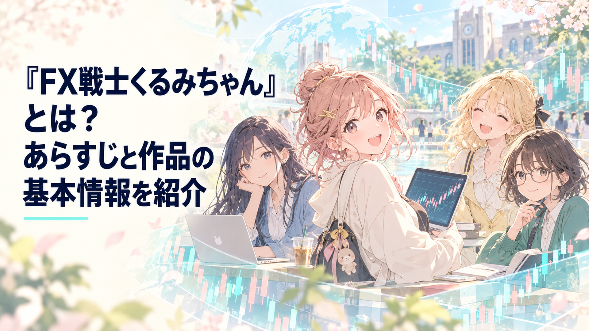 大学生のくるみと三人の仲間を中心に、穏やかなキャンパスと緊張感のある為替チャートが重なる淡いイラスト