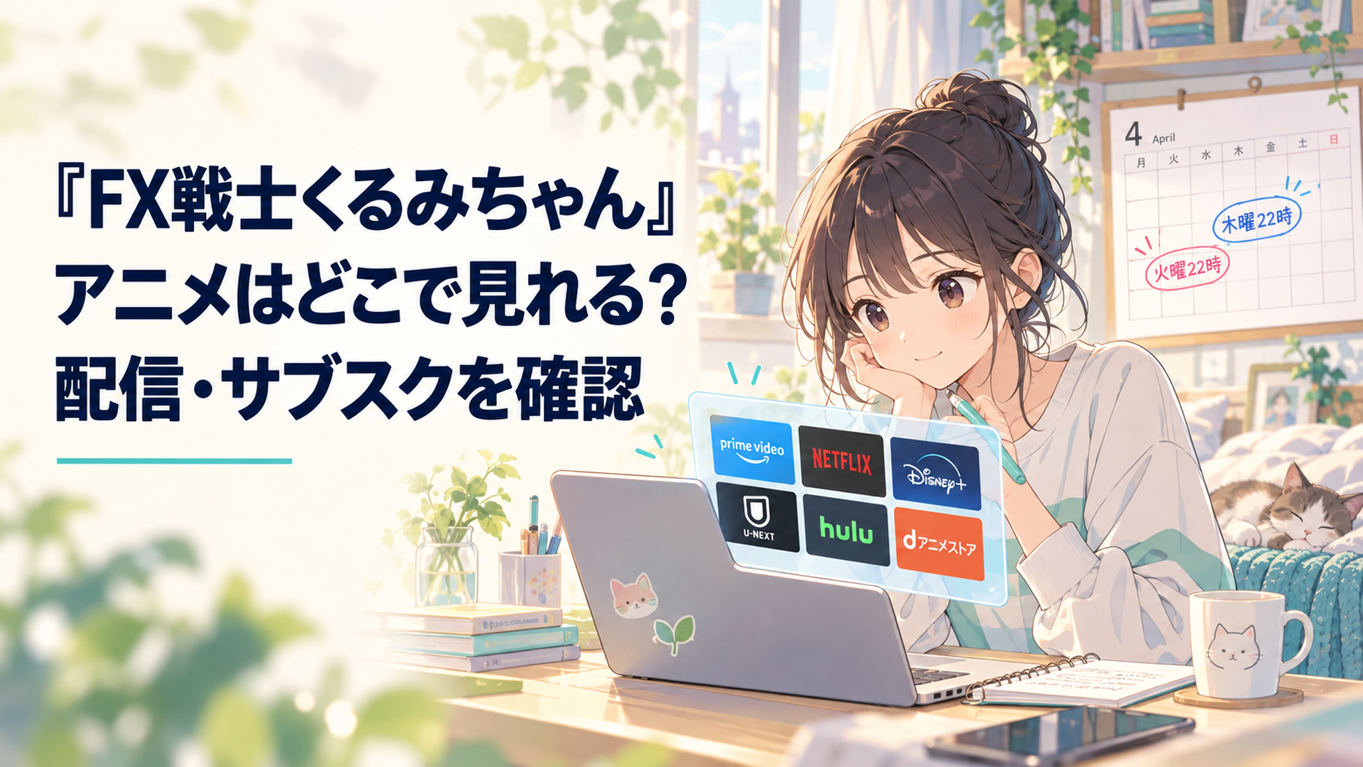 明るい部屋で配信サービスを比較する大学生と、木曜22時・火曜22時の予定を記したカレンダー