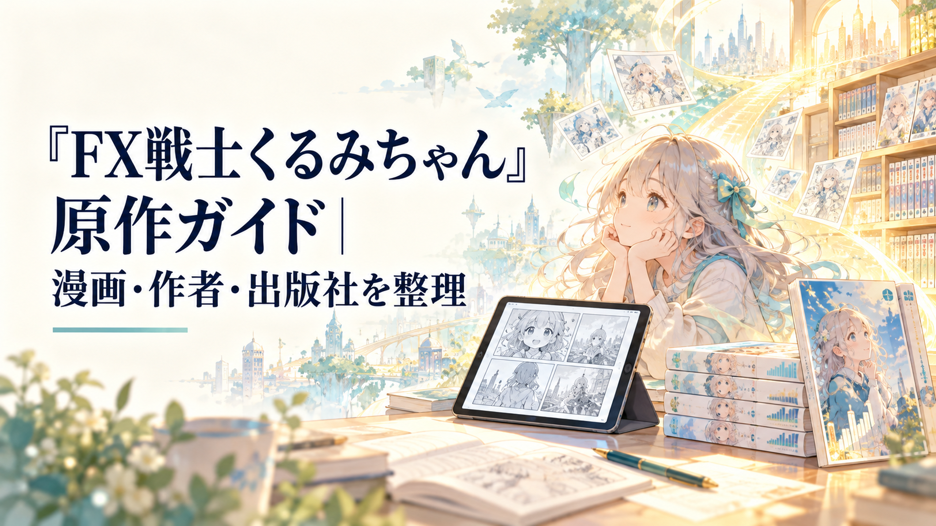 明るい読書机にWeb漫画を開いたタブレットと単行本が並び、個人公開から商業連載への広がりを表す淡い光が重なる場面