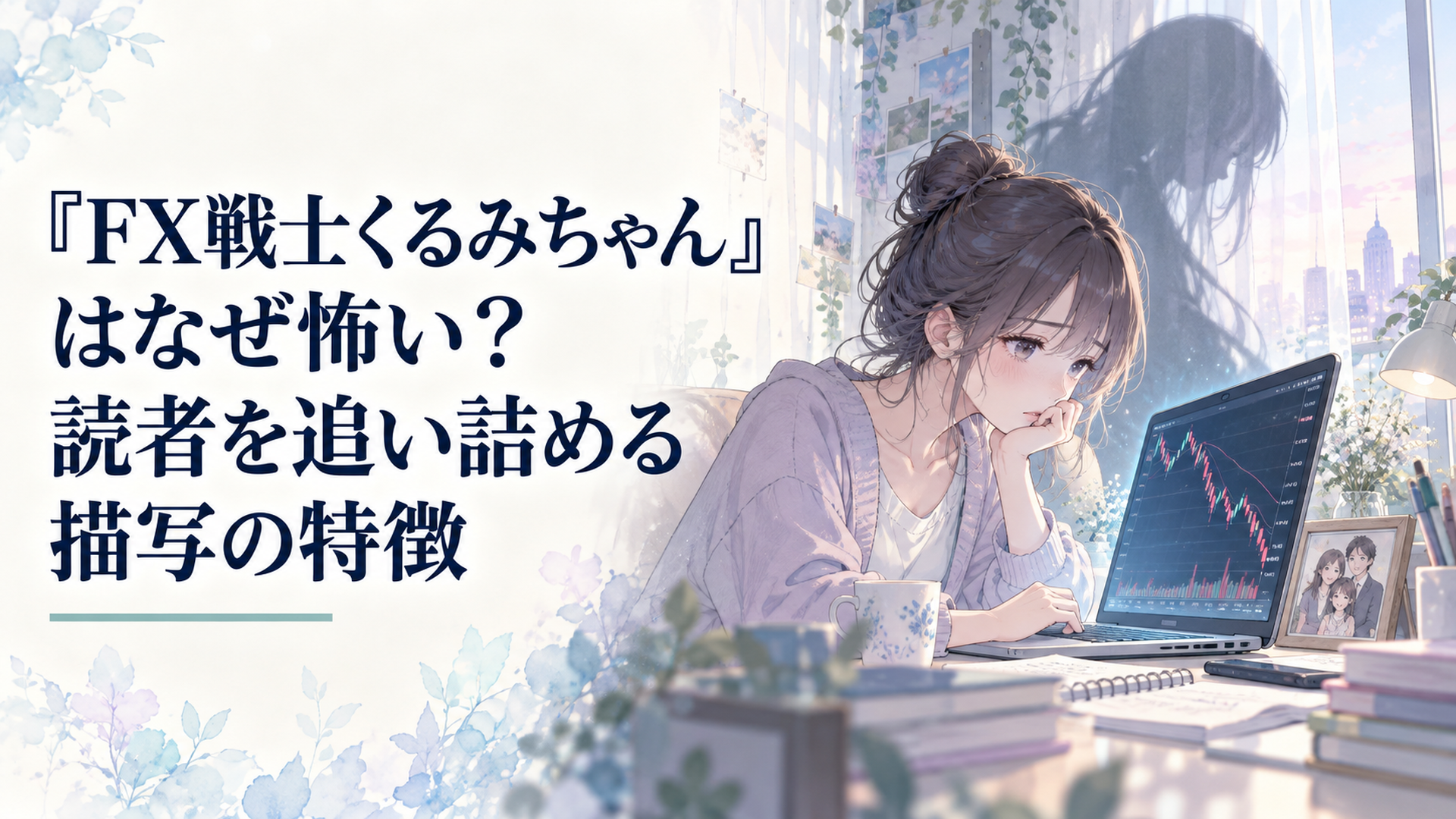 かわいらしい大学生がチャートを見つめる机で、家族写真と画面から伸びる影が静かな不安を生む場面