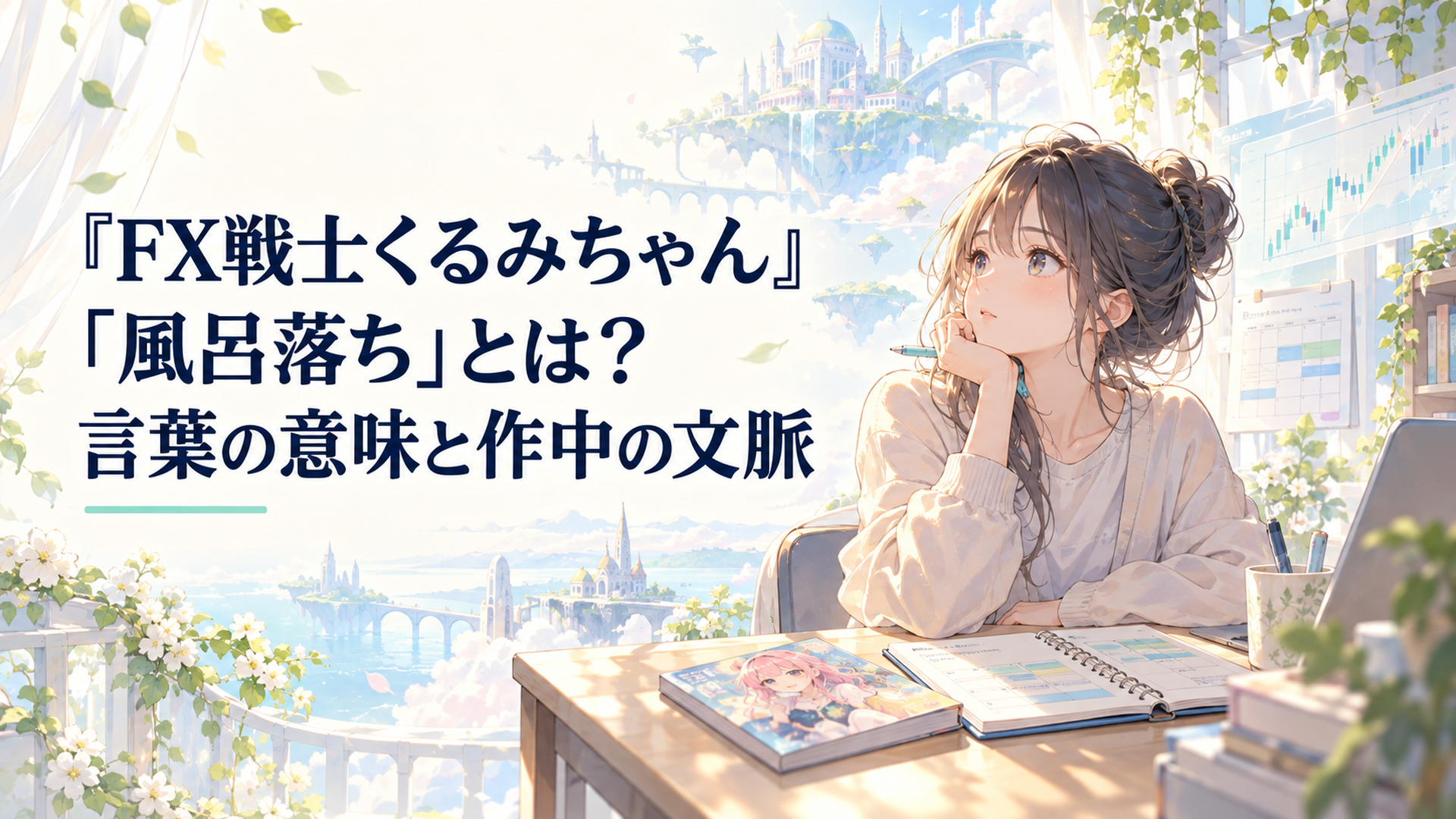 漫画の単行本と返済予定のノートを並べた机で、大学生が仕事の予定と淡いチャートを見つめる場面