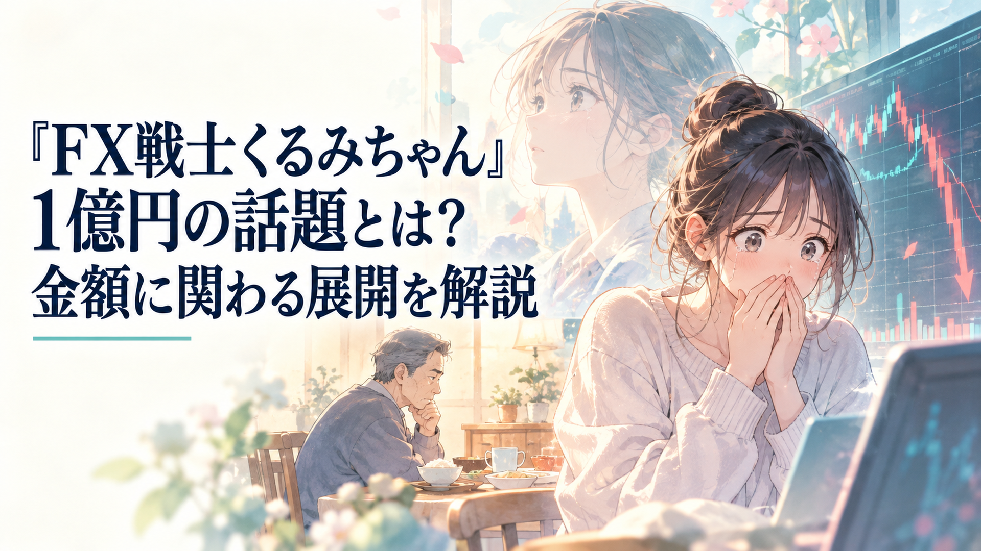 急落する為替チャートを前に立ち尽くす大学生と、その背後に父親との静かな食卓を重ねた場面