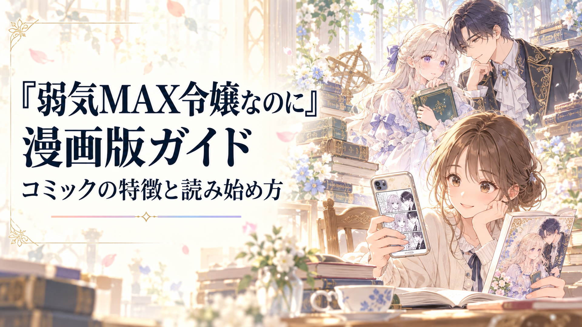 明るい書斎でスマートフォンの漫画試し読みと単行本を見比べる読者と、書物に囲まれた控えめな令嬢と知的な婚約者を描いた恋愛ファンタジー風イラスト