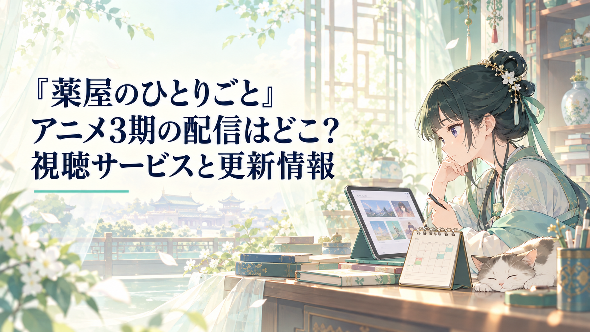 明るい部屋で薬屋のひとりごとの配信先と無料公開期間を確認し週末の視聴予定を立てる読者