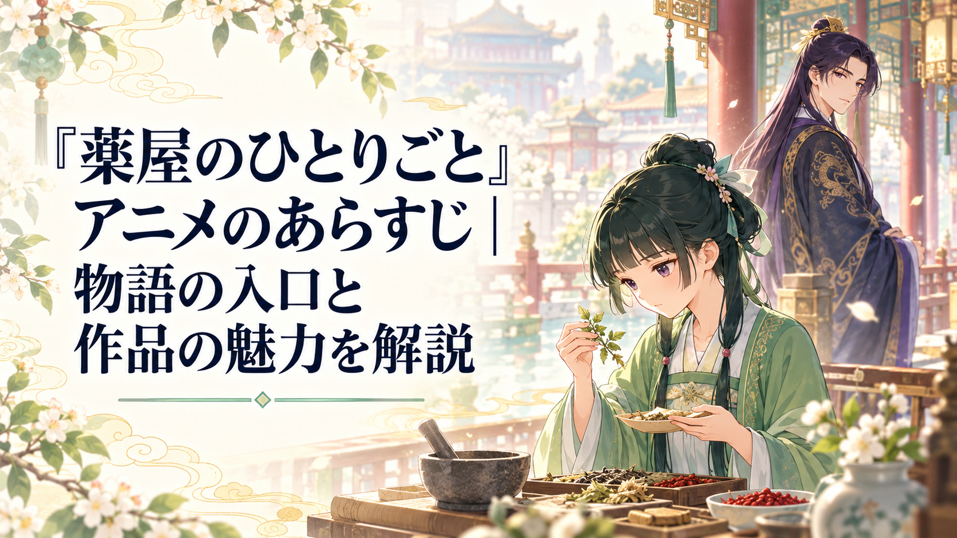 中華風の後宮を背景に薬草を見つめる薬師の少女と、宮廷の奥から彼女を見守る美貌の青年