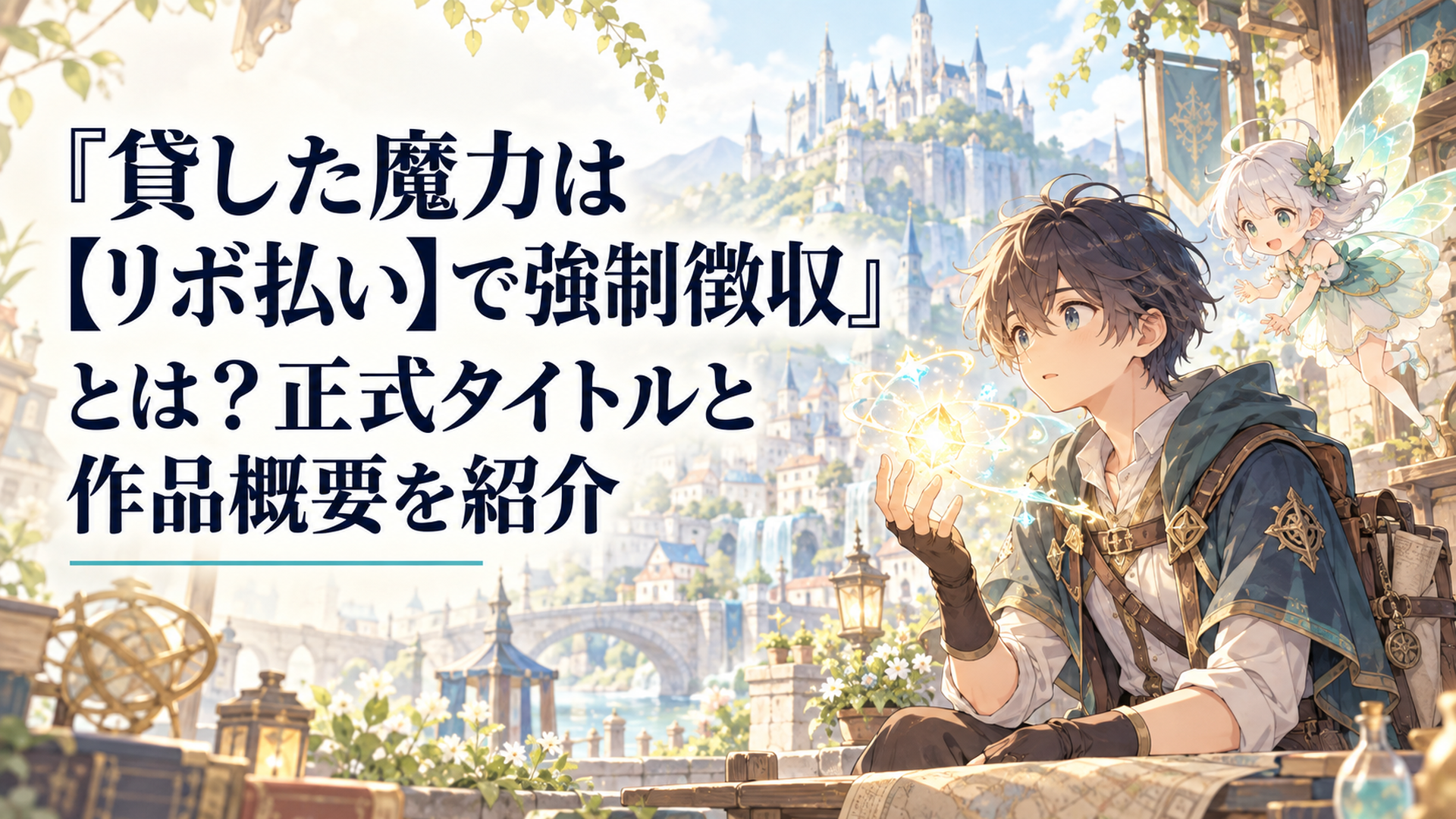 幻想的な冒険者の街で魔力の光を見つめる少年と、そばに浮かぶ小さなサポート妖精