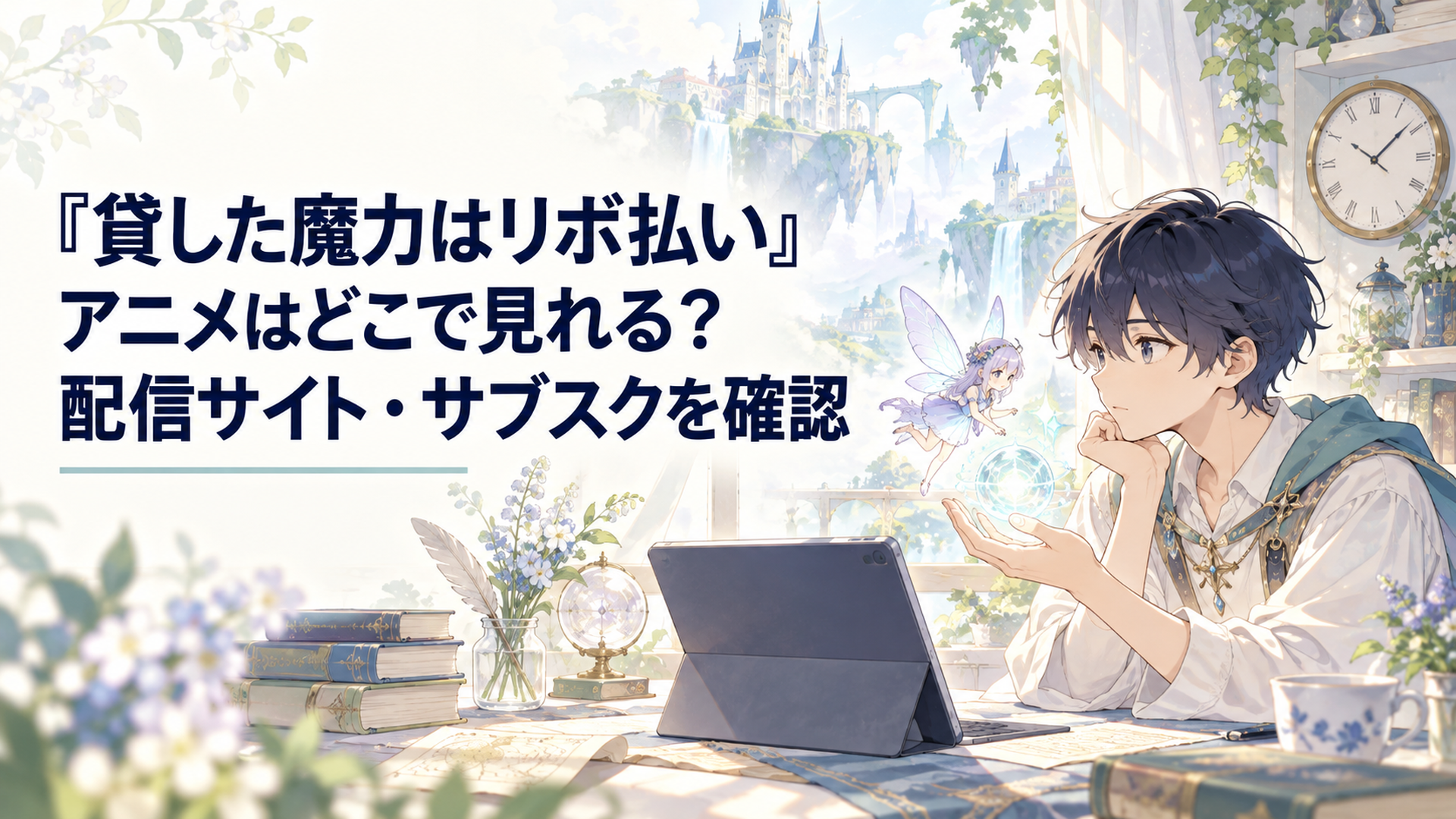 淡い魔力を手にした少年と小さな妖精が、明るい部屋で映像画面と時計を見比べるファンタジー風景