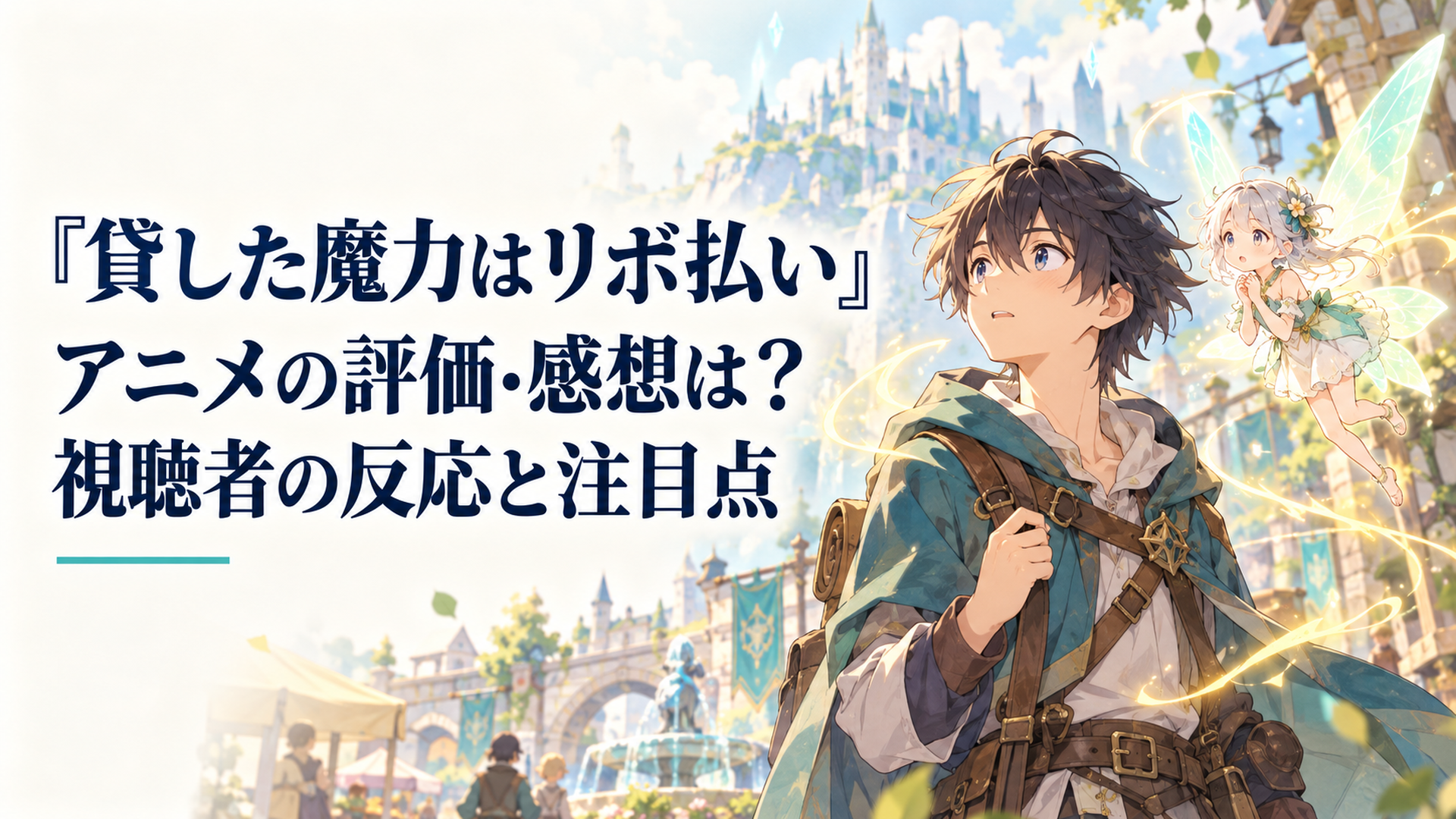 冒険者の街で魔力の光を見つめる少年と、その肩のそばに浮かぶ小さな妖精。期待と戸惑いが同居する幻想的な場面