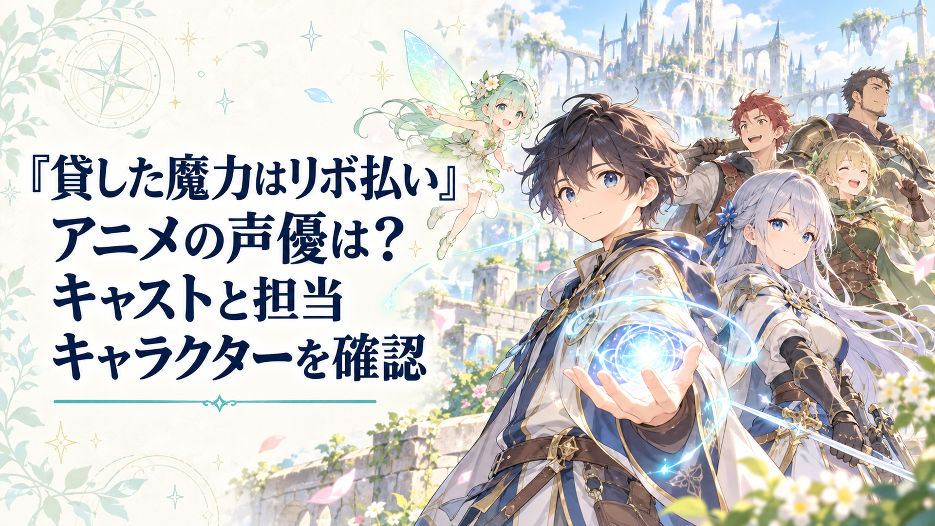 魔力の光を手にした少年と小さな妖精を中心に剣士の少女や冒険者たちが並ぶ、明るく見やすいファンタジーのキャスト紹介風景