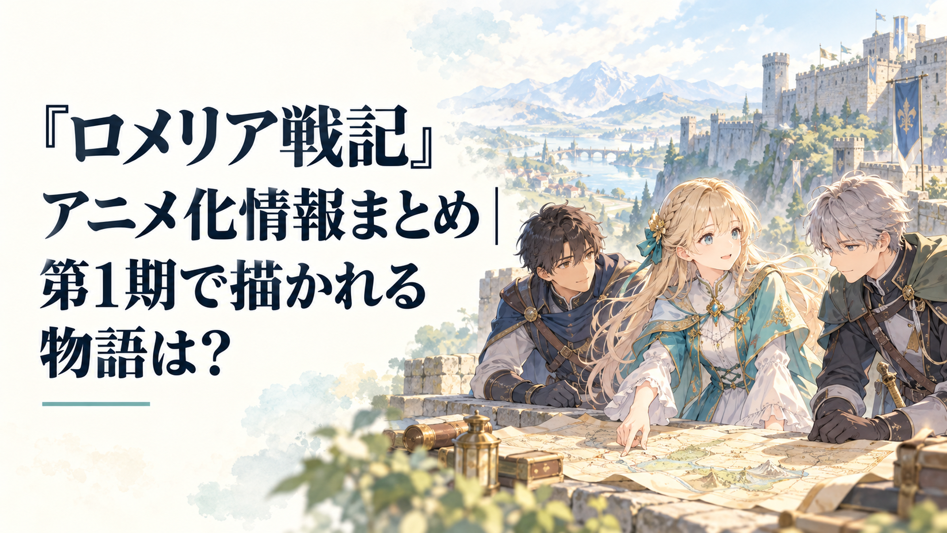 辺境の砦を背景に地図を広げる伯爵令嬢と若い兵士たち。戦いの後の暮らしを守るため、新しい旅を始める戦記ファンタジーの情景