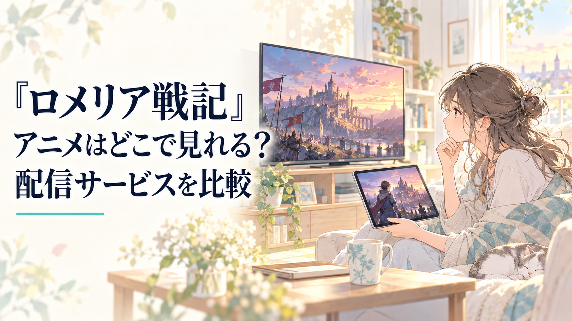 明るいリビングでテレビとタブレットを見比べ、戦記アニメの視聴先を検討する人。画面には夕暮れの砦を思わせる幻想的な風景が映り、文字や企業ロゴはない
