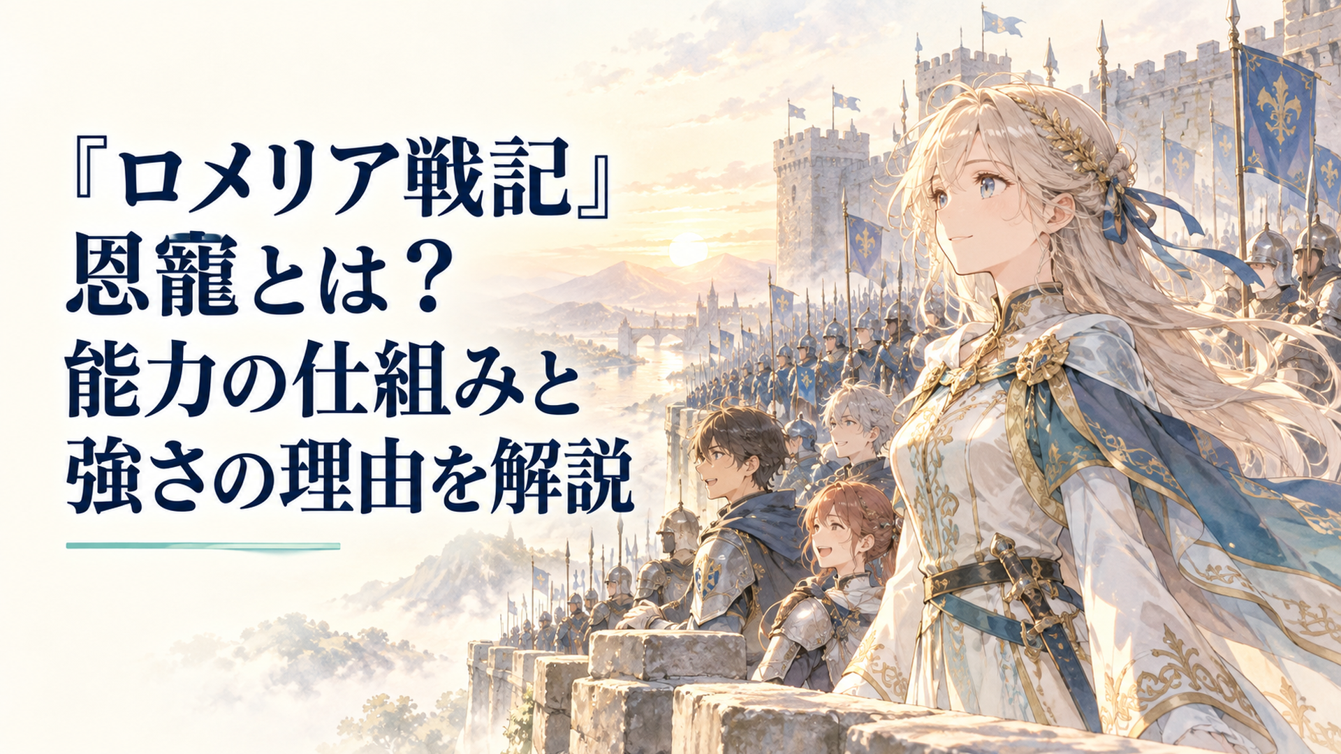 夜明けの砦で仲間を見守る伯爵令嬢ロメリアと、隊列を整える兵士たちを描いた透明感のある幻想戦記の情景