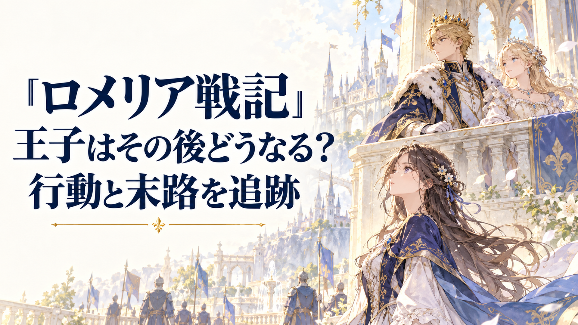 王冠を戴くアンリとエリザベート、王城の広場に立つロメリアを対比した幻想的な戦記の場面